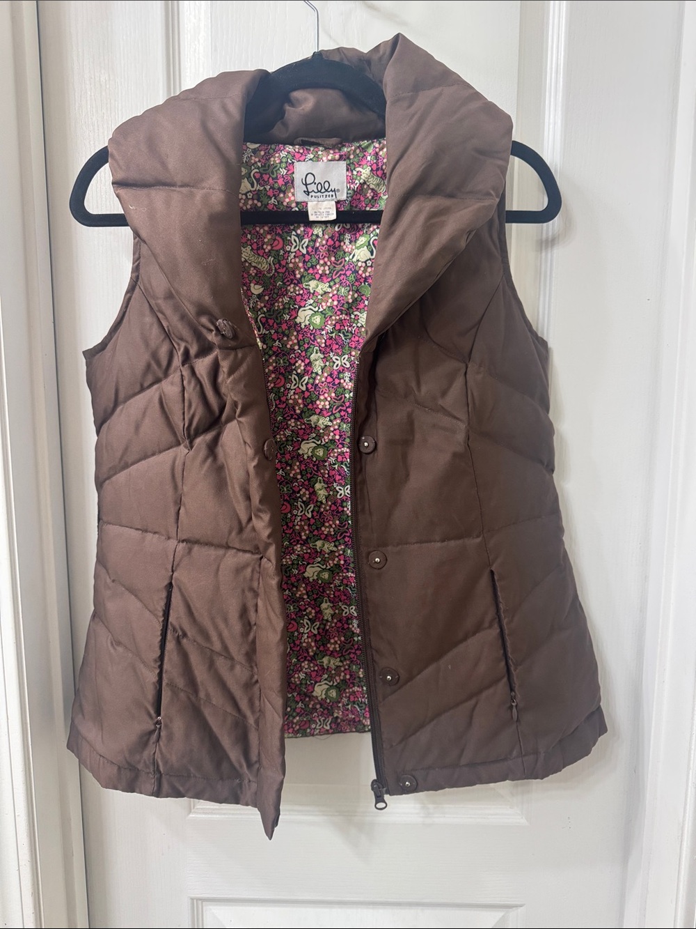 Lilly Pulitzer Brown Quilted Hooded Vest with Floral Lining